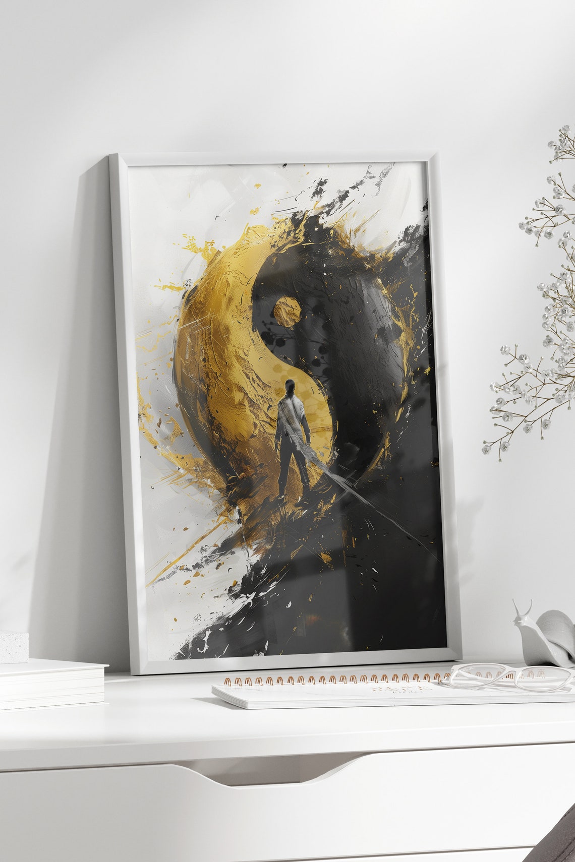 Yin Yang Gold Black Brushstroke Warrior Figure Abstract Art Poster - Image 2