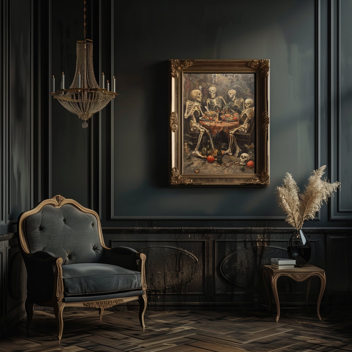 Skeleton Dinner Party Candlelit Table Dark Surreal Oil Poster - Image 2