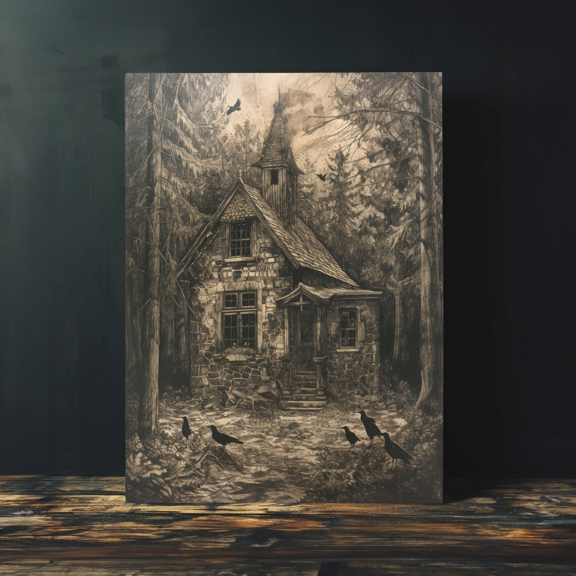 Forest Cabin Etching Style Landscape Art Print - Image 4