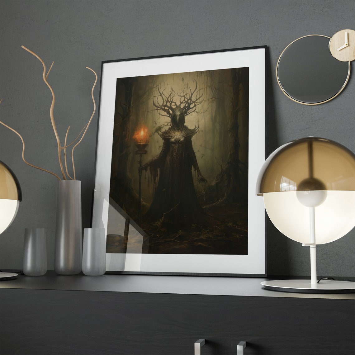Antlered Forest Spirit With Flaming Torch Dark Fantasy Wall Art - Image 2