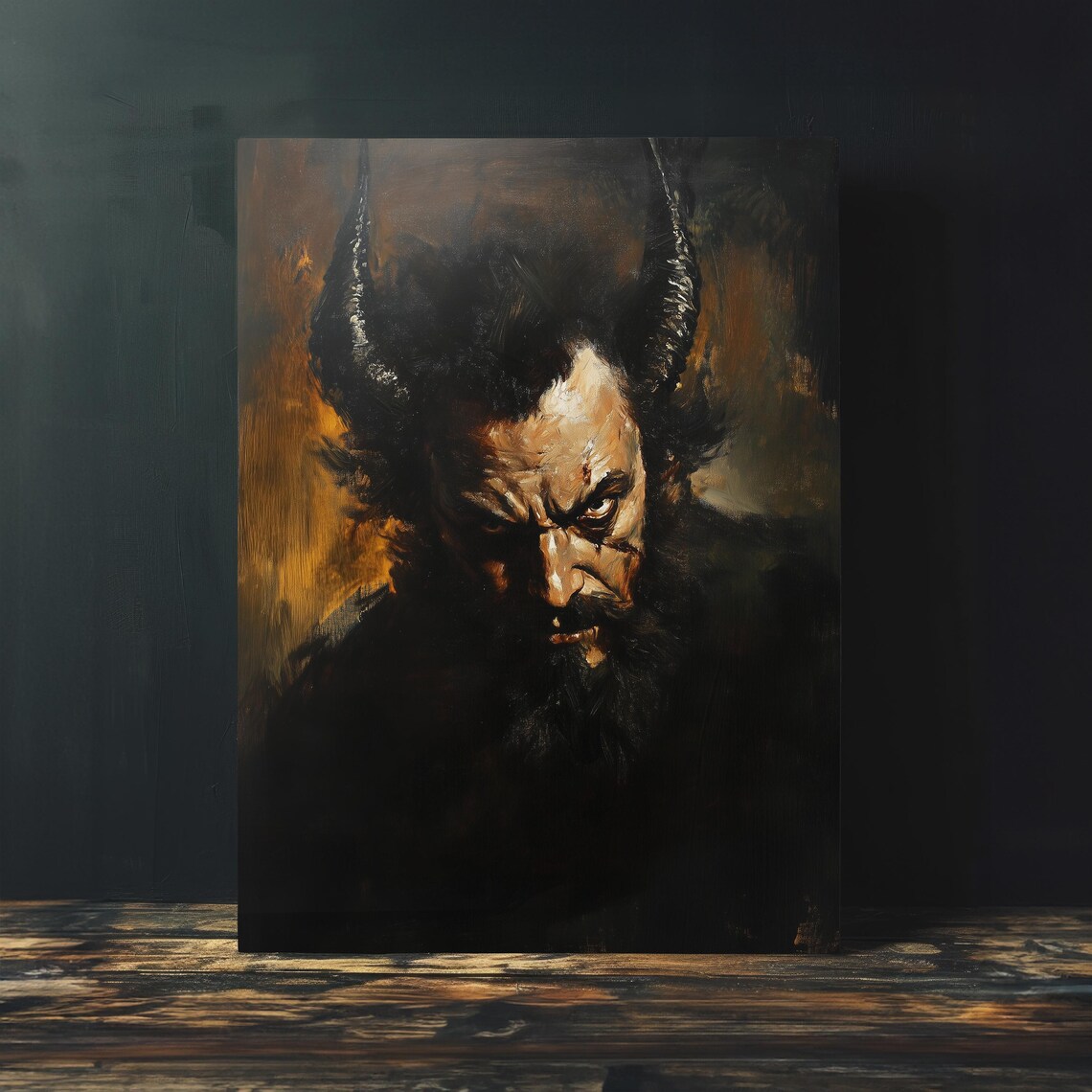 Horned Demon Portrait Fiery Dark Gothic Oil Painting Style Poster - Image 4