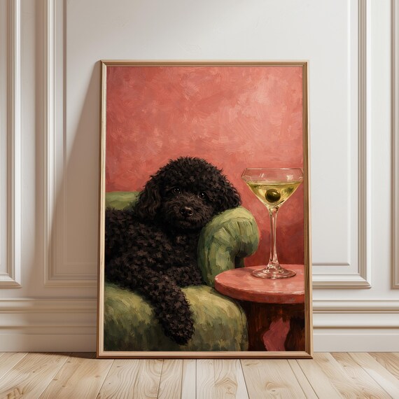 Black Poodle Martini Poster Green Velvet Chair Olive Cocktail Cozy Vintage Lounge Wall Art
