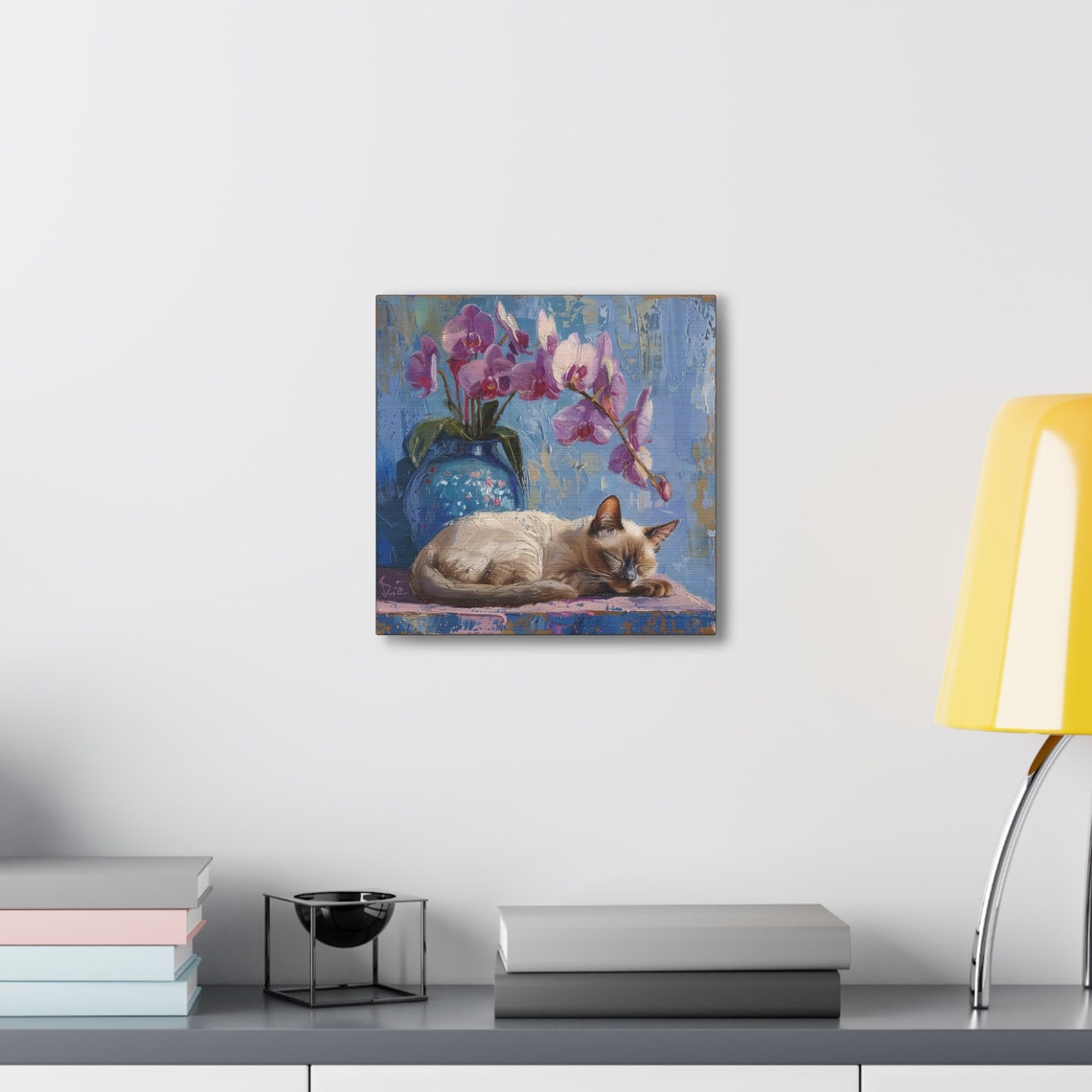 Siamese Cat Sleeping by a Blue Vase of Pink Orchid Blooms Poster - Image 4
