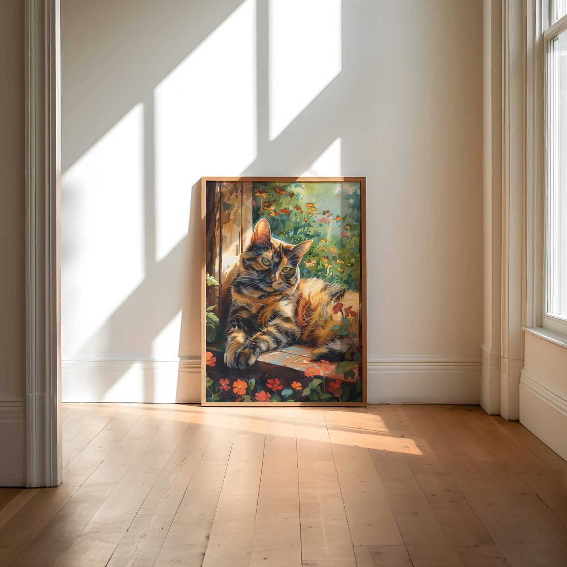 Tortoiseshell Cat Lounging In A Sunlit Cottage Flower Garden Poster - Image 6