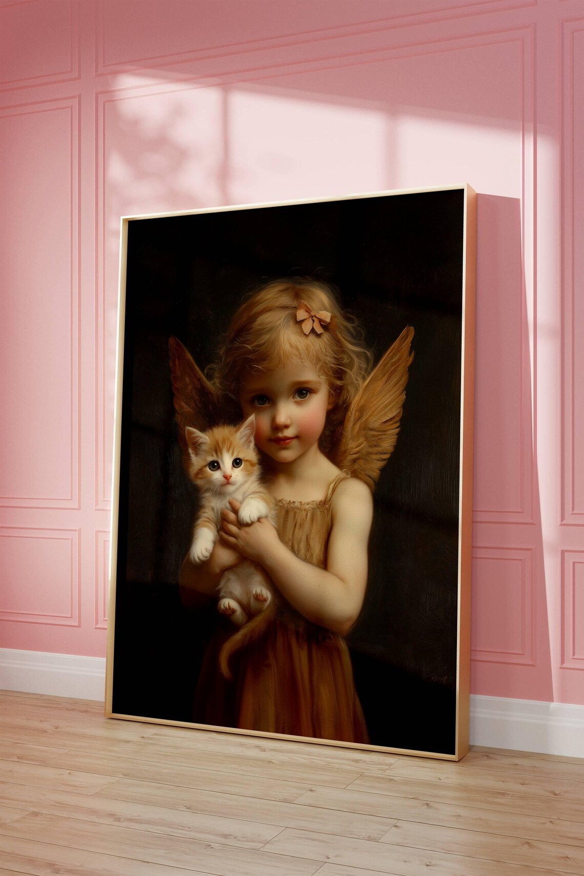 Victorian Angel Girl With Golden Wings Holding an Adorable Orange Kitten Poster - Image 2