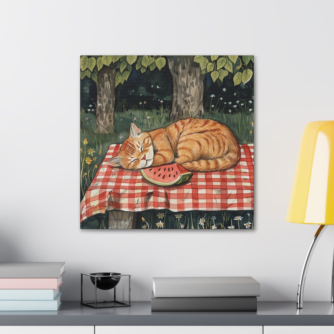 Ginger Cat Sleeping on Picnic Blanket With Watermelon Slice Poster - Image 3
