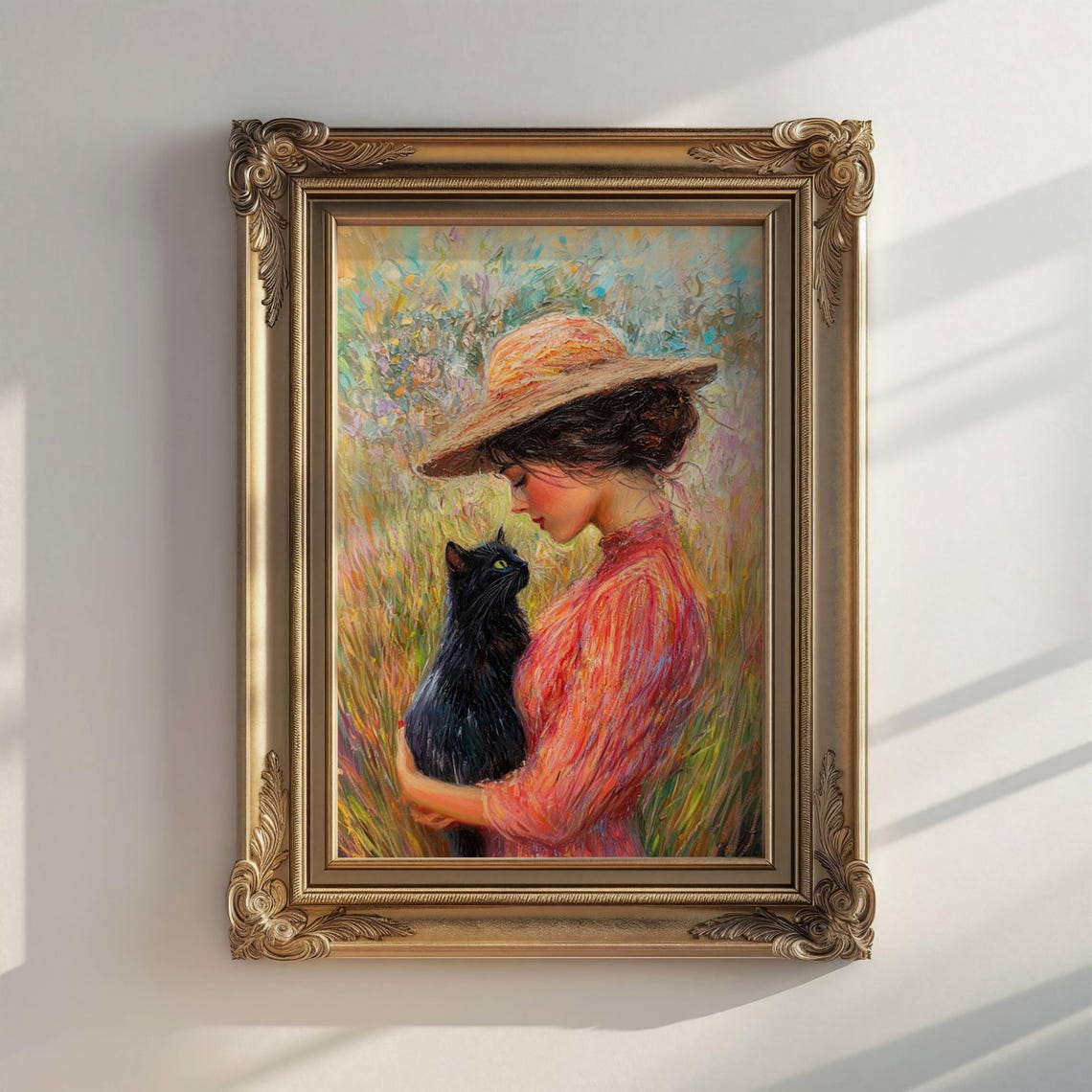 Impressionist Woman Hugging a Black Cat in a Flower Meadow Poster - Image 2