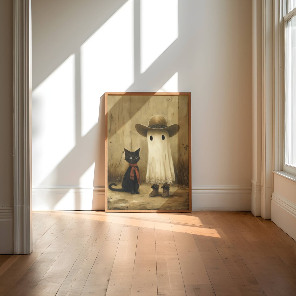 Cowboy Ghost And Black Cat Halloween Art Print - Image 2