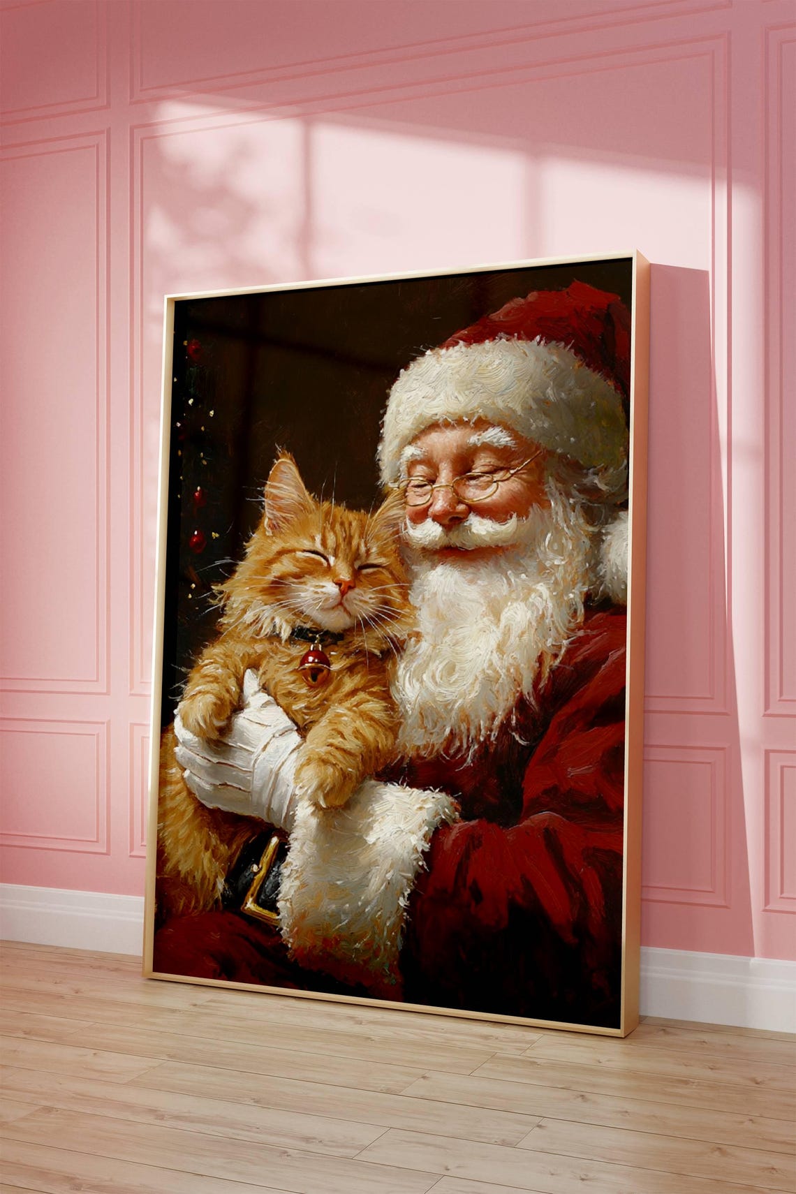 Santa Claus Hugging A Happy Ginger Tabby Cat Christmas Oil Poster - Image 4