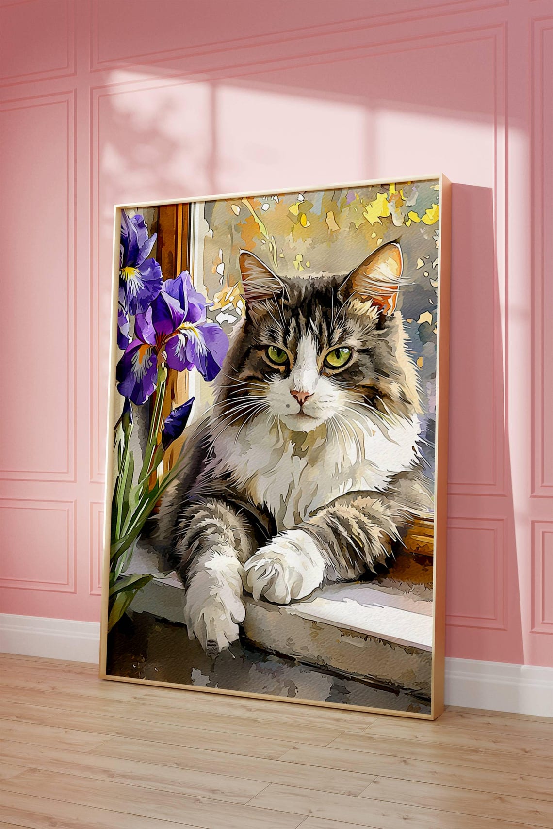 Fluffy Tabby Cat Beside Purple Irises by Window Watercolor Poster - Image 6