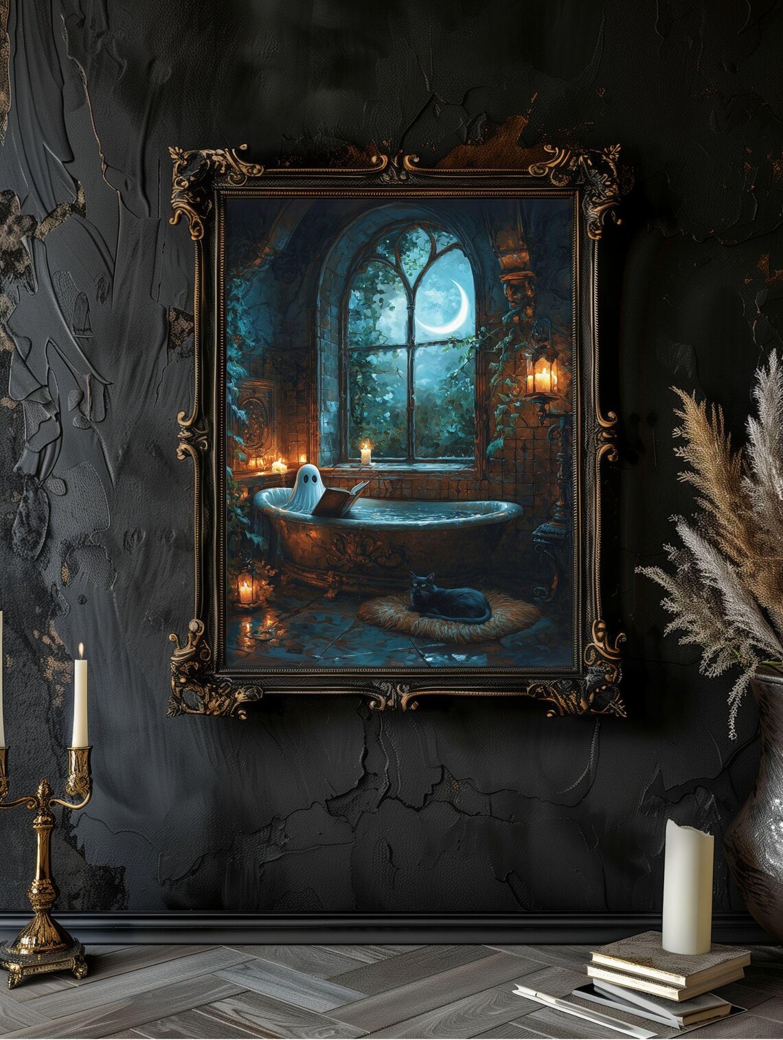 Little Ghost Reading a Book in a Candlelit Bathtub on a Moonlit Night Poster - Image 5