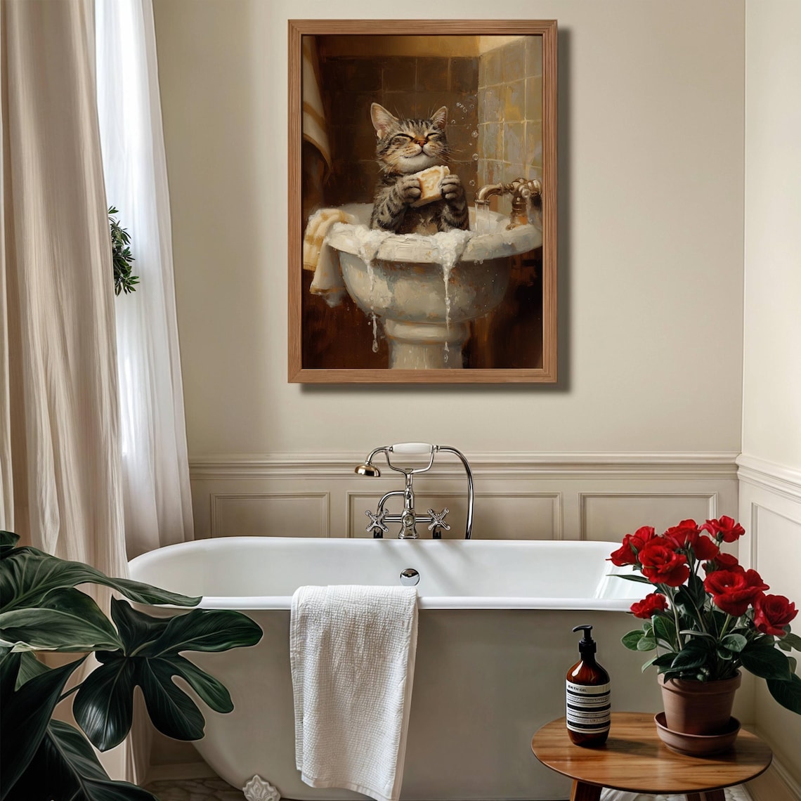 Tabby Cat Taking Bath In Sink Cute Bathroom Art Print - Image 3