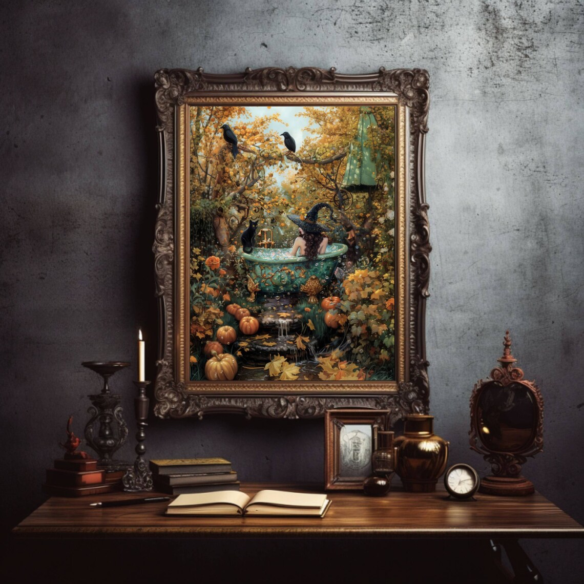 Witch In Bathtub Cat Art Print, Halloween Decor - Image 6