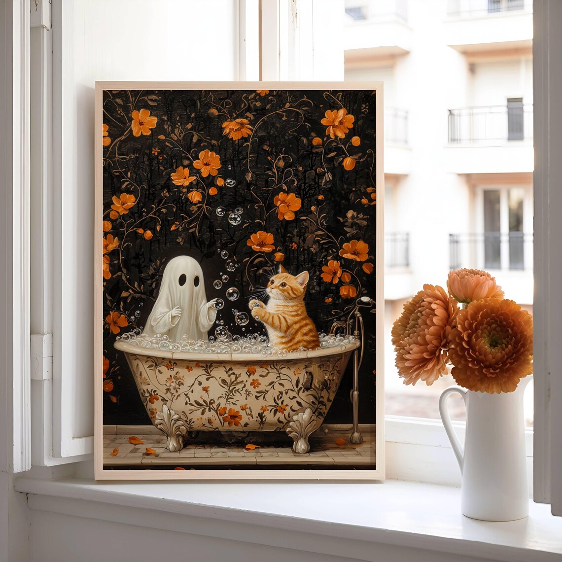 Cute Ghost and Orange Kitten Popping Bubbles Together in a Floral Bath Poster