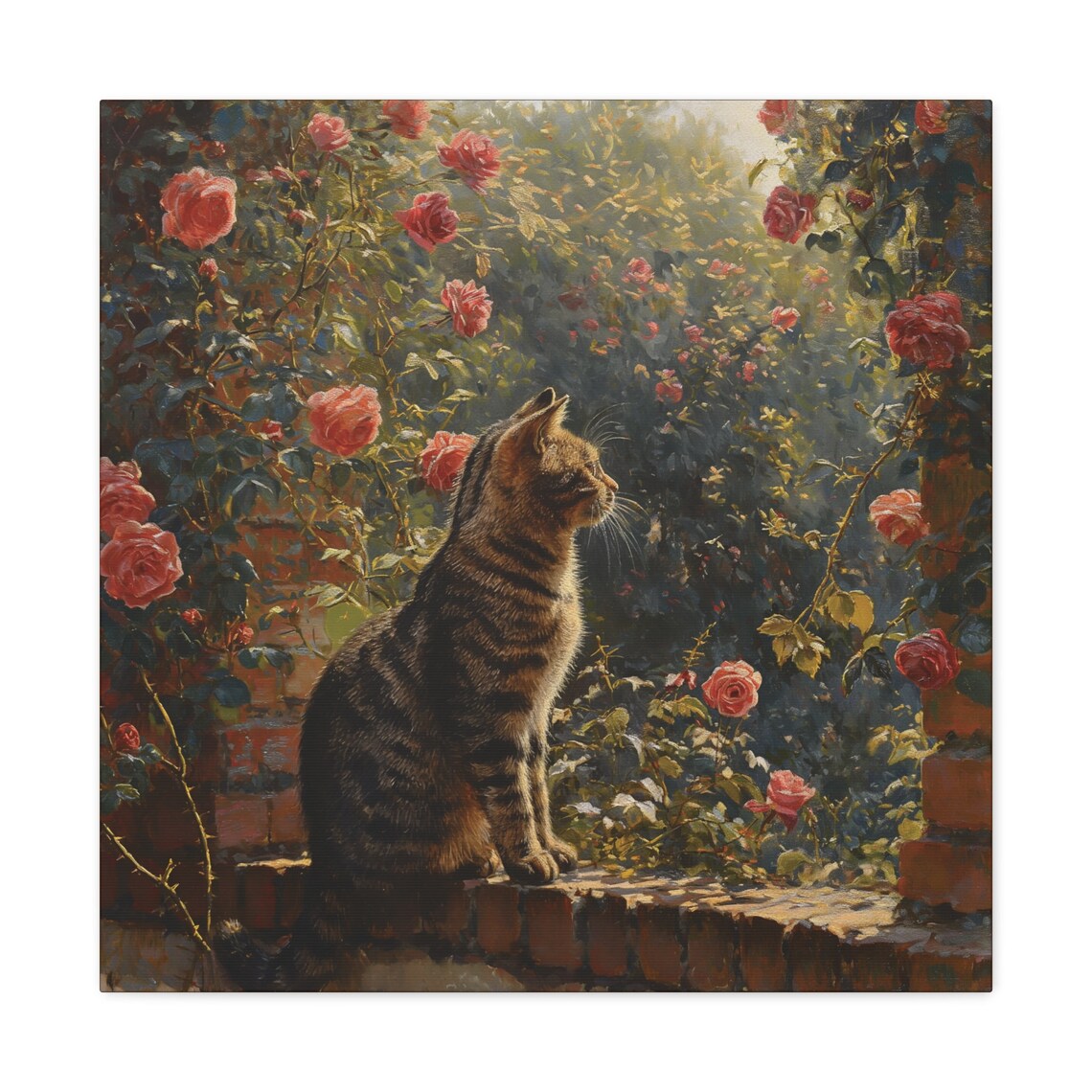 Tabby Cat on Brick Wall Among Red Roses Sunlit Garden Oil Painting Poster - Image 2