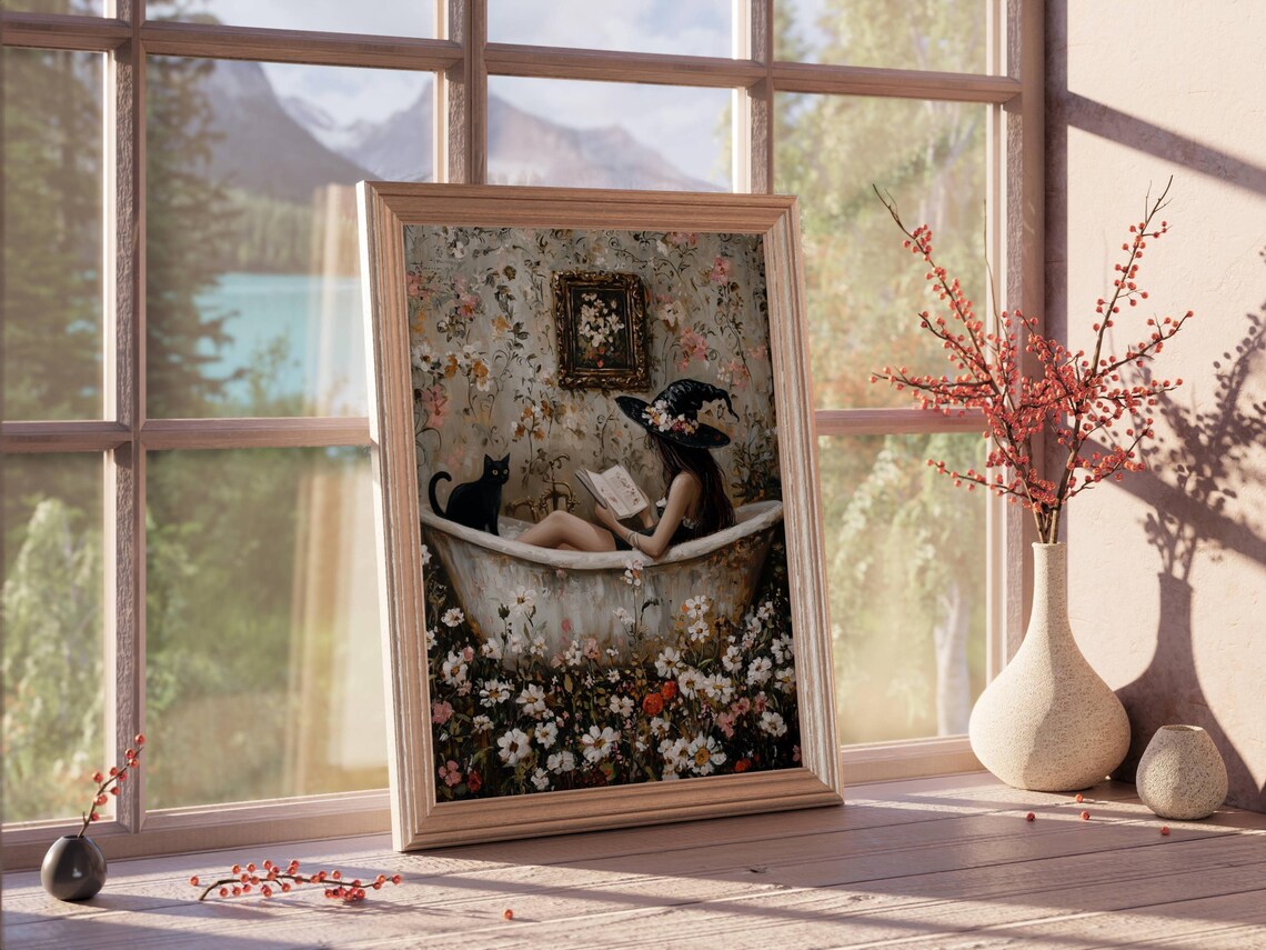 Witch Reading in Bathtub Cat Wall Art Poster - Image 2