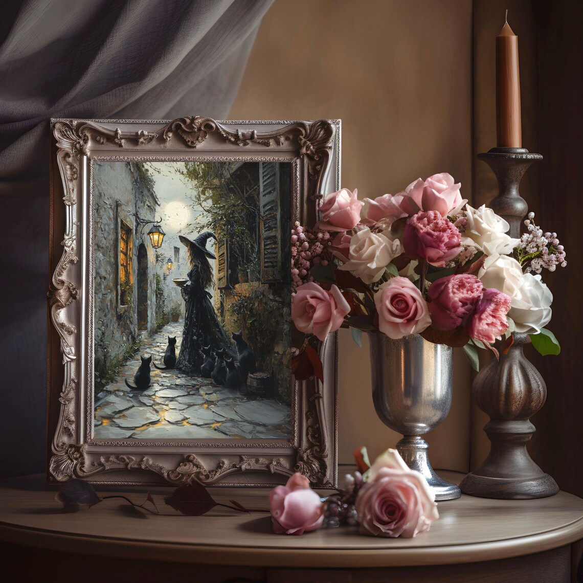 Witch Feeding Cats, Whimsigoth Cat Wall Art Print - Image 4