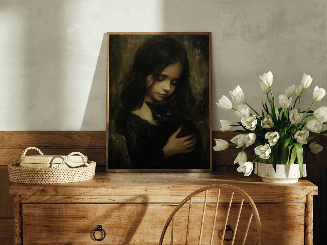 Girl Embracing A Black Cat Against Her Cheek Moody Art Poster - Image 3