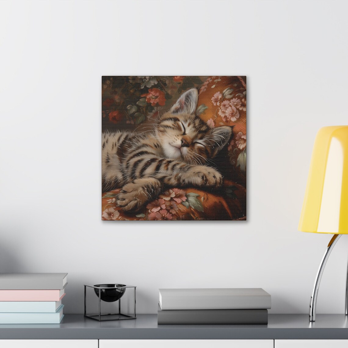 Sleeping Tabby Kitten on Rust Floral Cushion Oil Painting Poster - Image 5