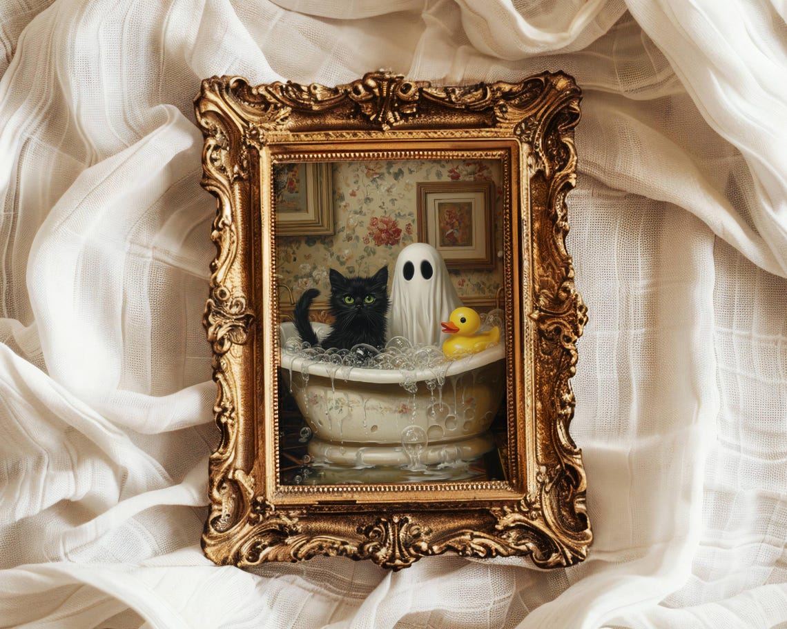 Ghost Black Cat and Rubber Duck in an Overflowing Bubble Bath Poster - Image 3