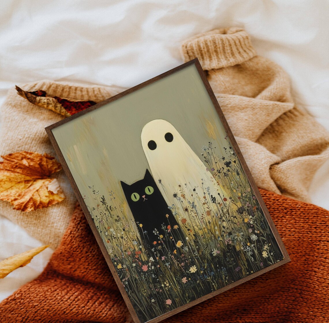 Black Cat and Ghost in Wildflowers, Whimsigoth Poster - Image 4