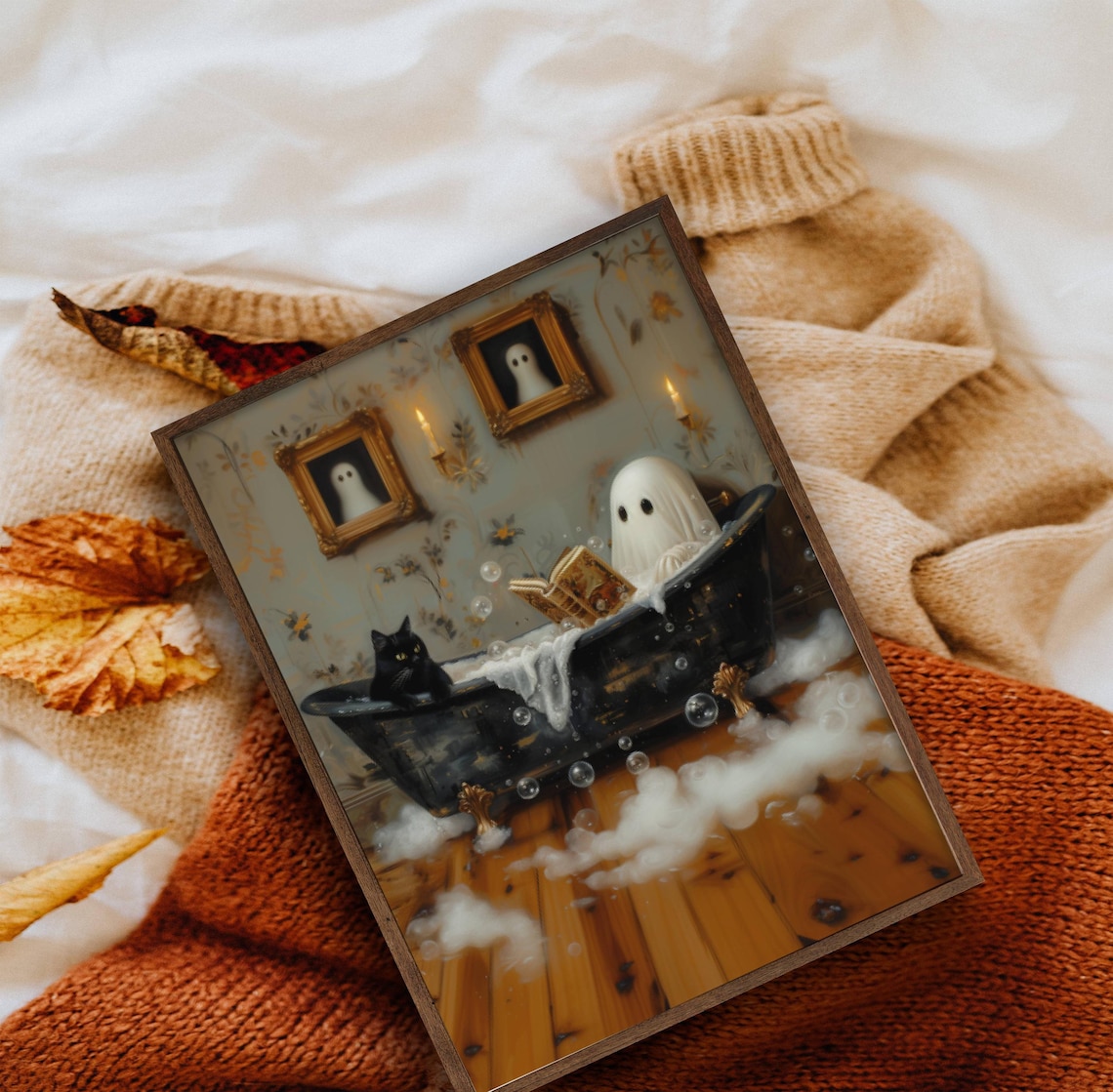 Ghost Reading Book in Bathtub Cat Wall Art Print - Image 5