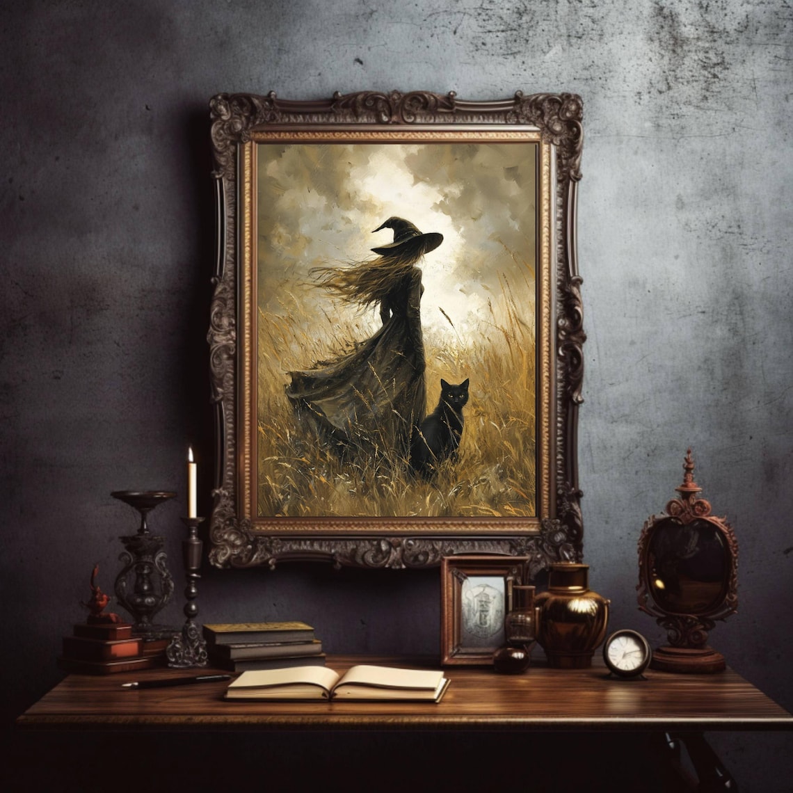 Witch and Black Cat in Field, Witchcore Art Print