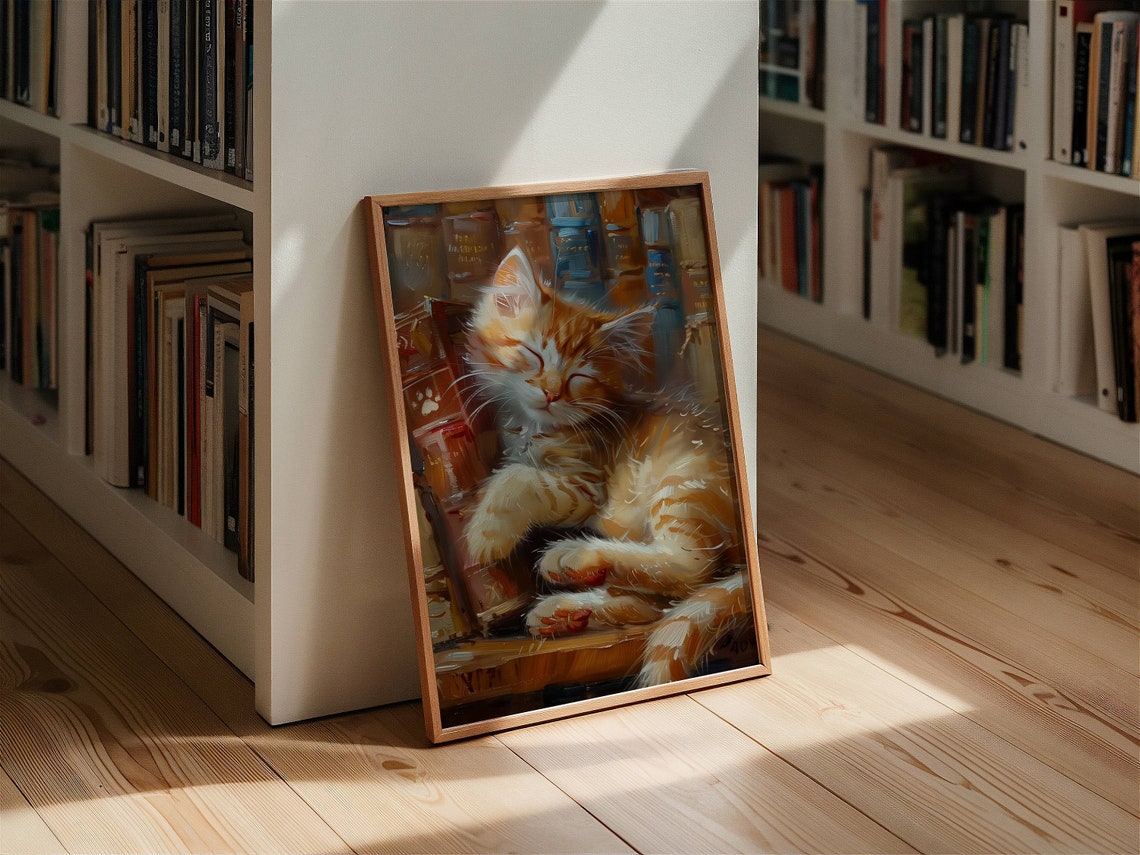 Ginger Kitten Sleeping Among Library Books Oil Painting Poster - Image 6