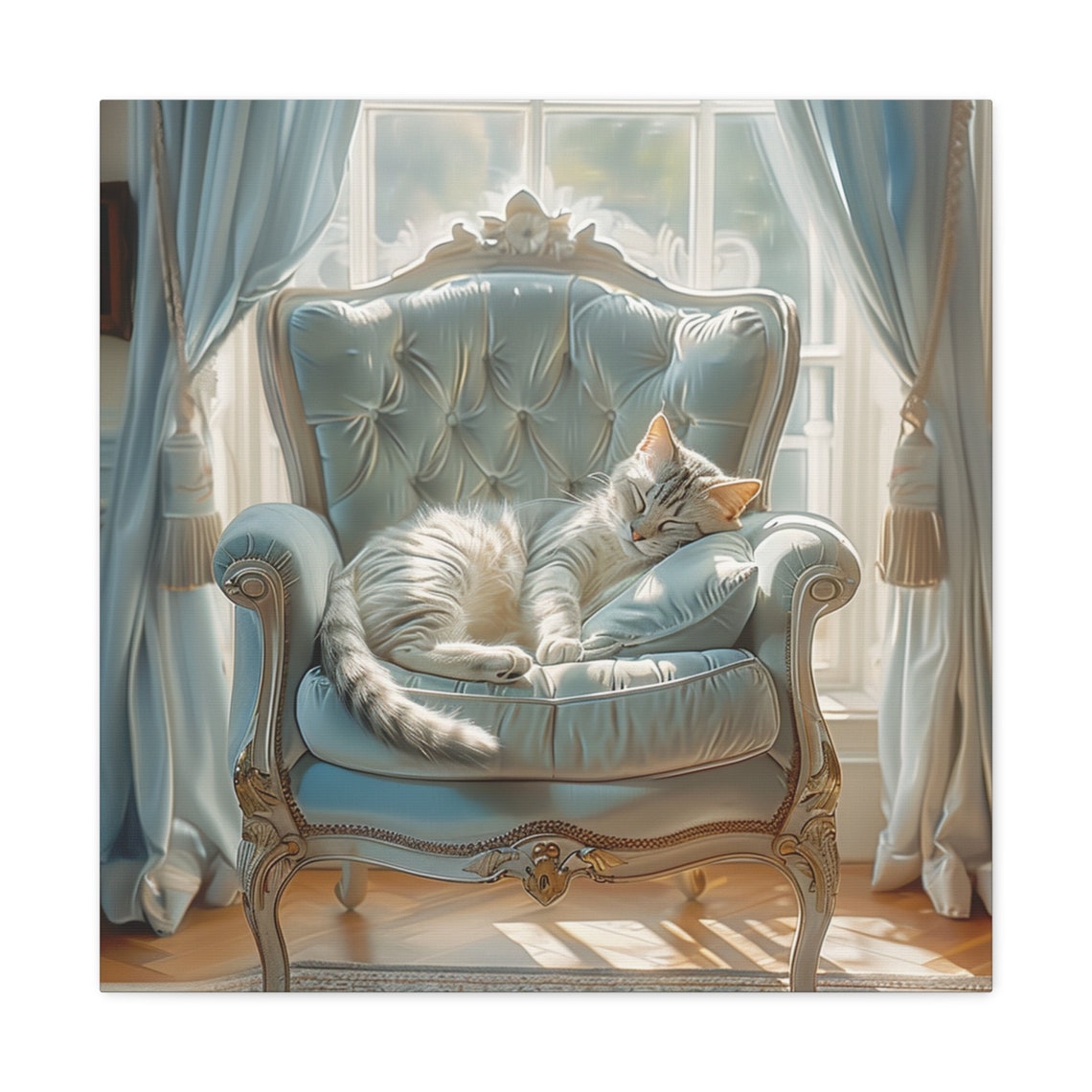 Sleeping Silver Tabby Cat Curled on a Blue Tufted Chair Poster - Image 6