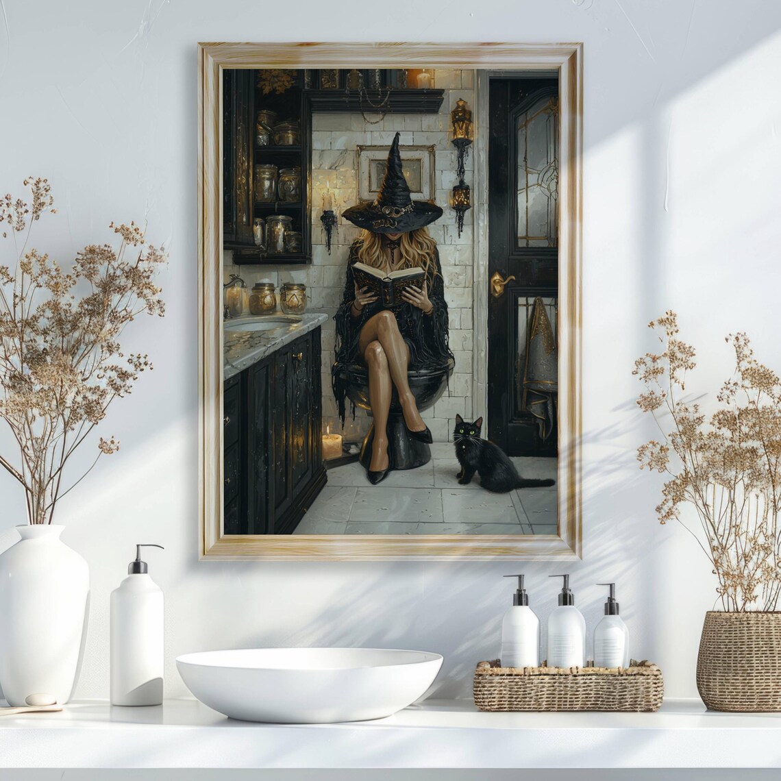 Witch Reading in Bathroom, Whimsigoth Cat Art Print - Image 7