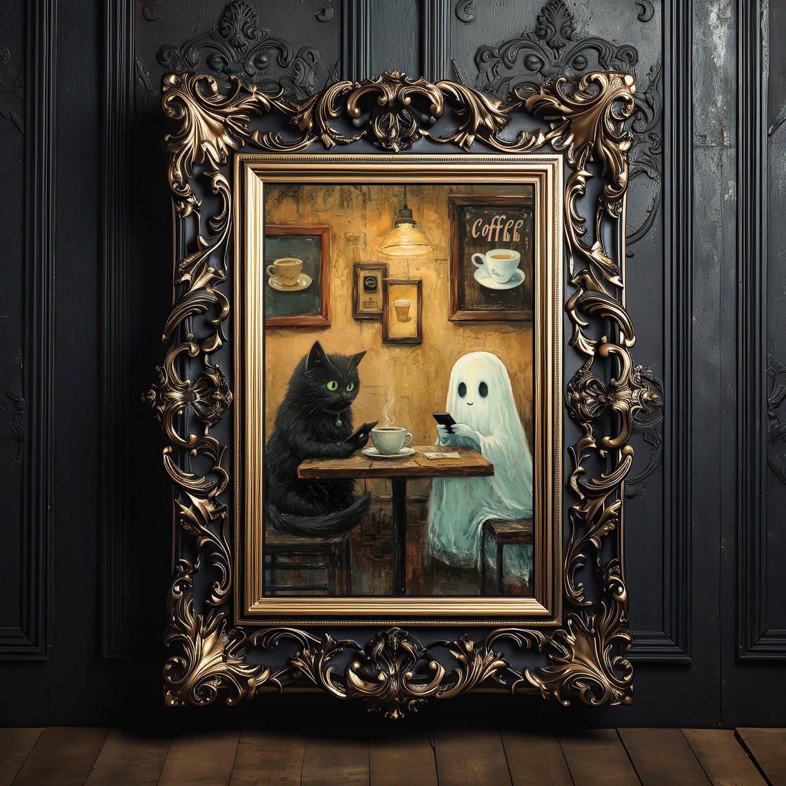 Black Cat and Ghost on Phones Over Coffee at a Cozy Cafe Poster - Image 4