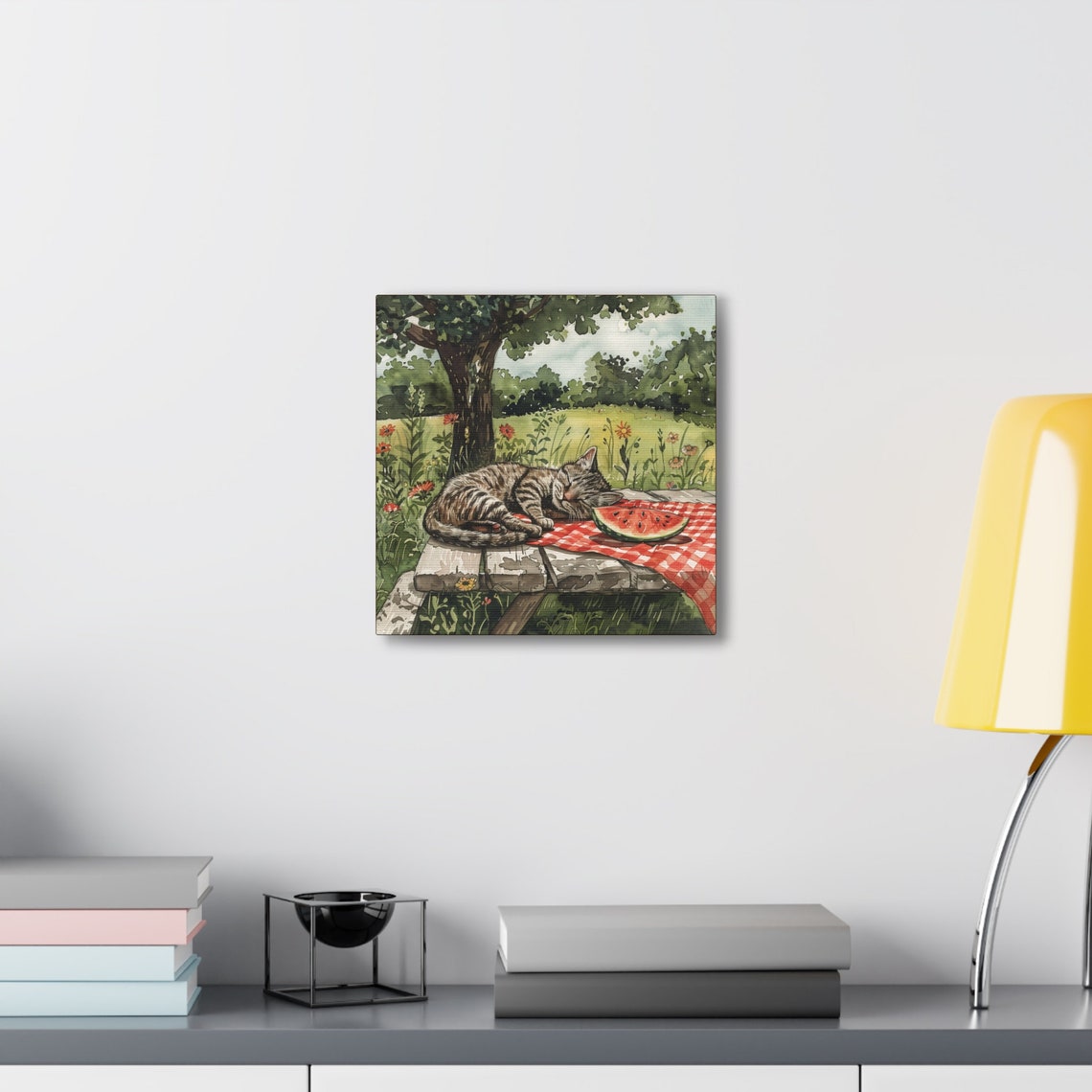 Tabby Cat Napping on Picnic Table With Watermelon Summer Poster - Image 6