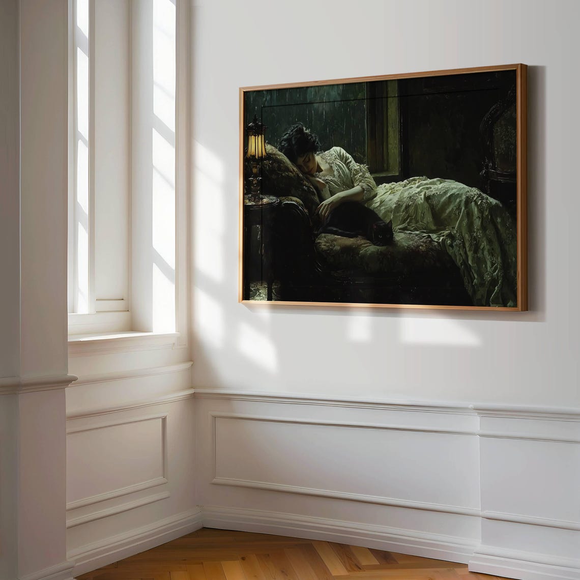Victorian Woman Sleeping Poster Black Cat Art Moody Rainy Day Decor Dark Atmosphere Wall Art Gothic Print Unframed - Image 4