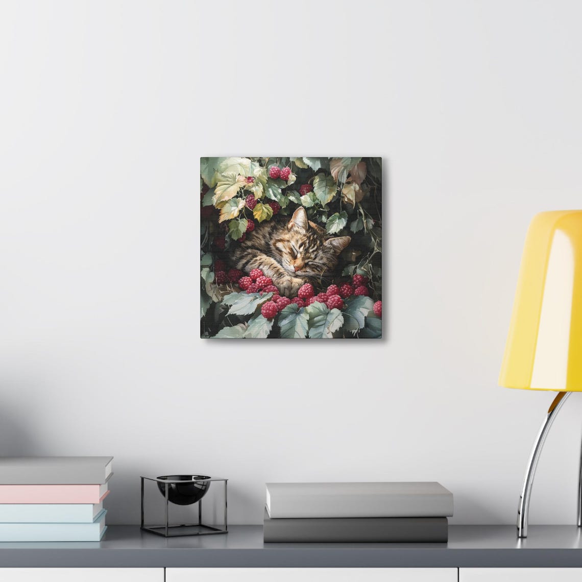 Sleepy Tabby Kitten Napping Among Ripe Raspberry Vines in Bloom Poster - Image 4