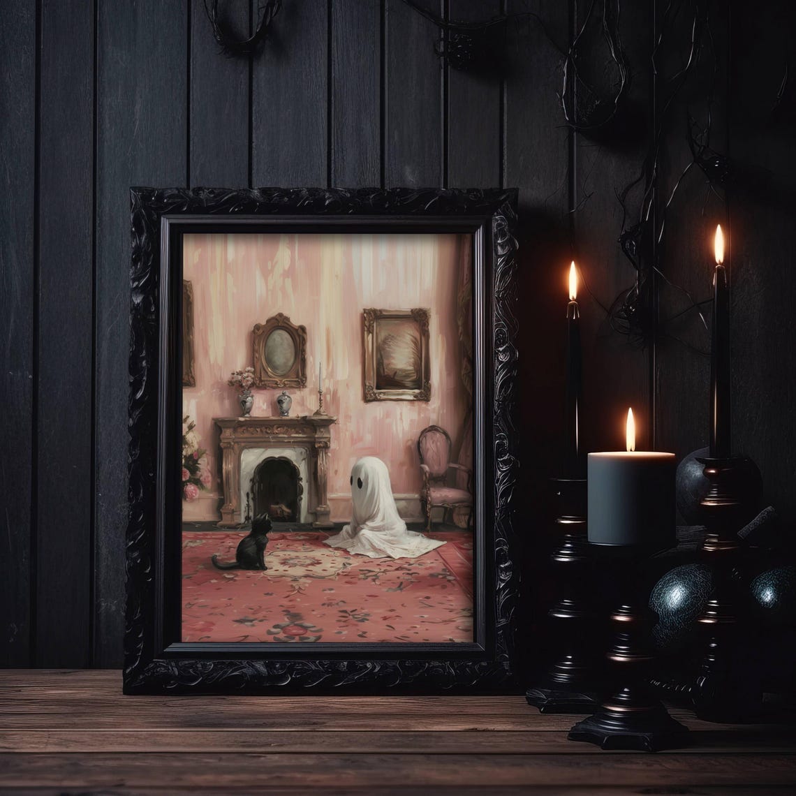 Ghost and Black Cat Sitting in a Pink Victorian Parlor Poster - Image 6