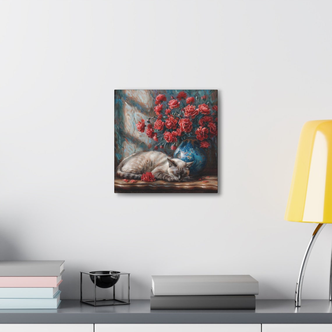 Siamese Cat Sleeping Beside a Vase of Red Carnation Blooms Poster - Image 4