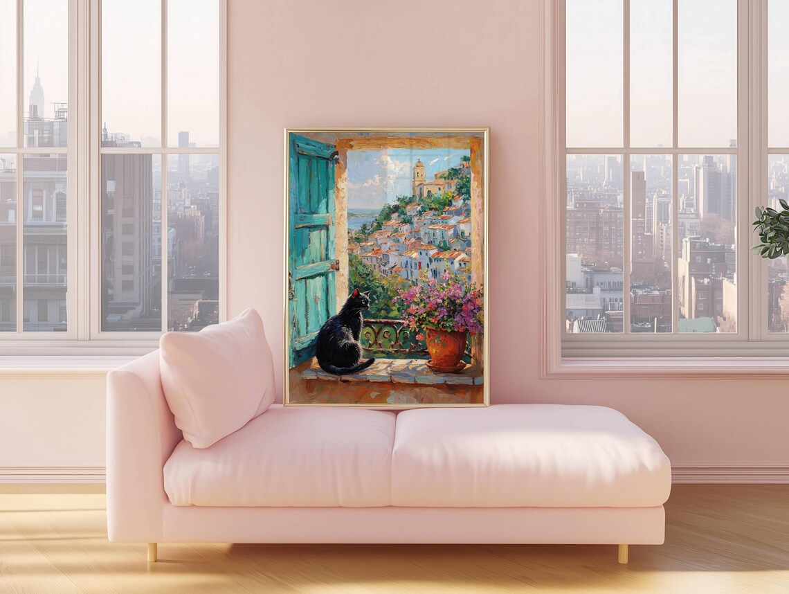 Black Cat on a Balcony Overlooking a Coastal Village Teal Window Poster - Image 5