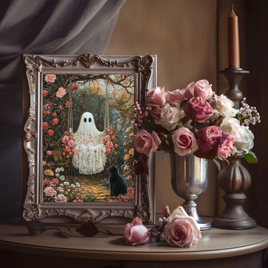 Ghost on Garden Swing and Black Cat, Whimsigoth Art Print - Image 7