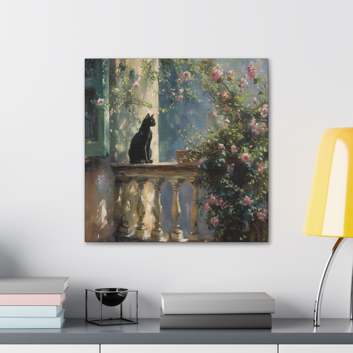 Black Cat on Garden Balcony Among Pink Climbing Roses Painting Poster - Image 3