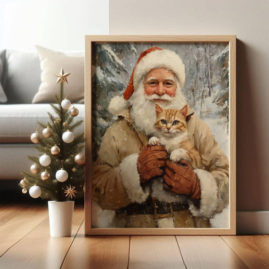 Santa Claus Holding an Orange Kitten in the Snow Christmas Poster - Image 6