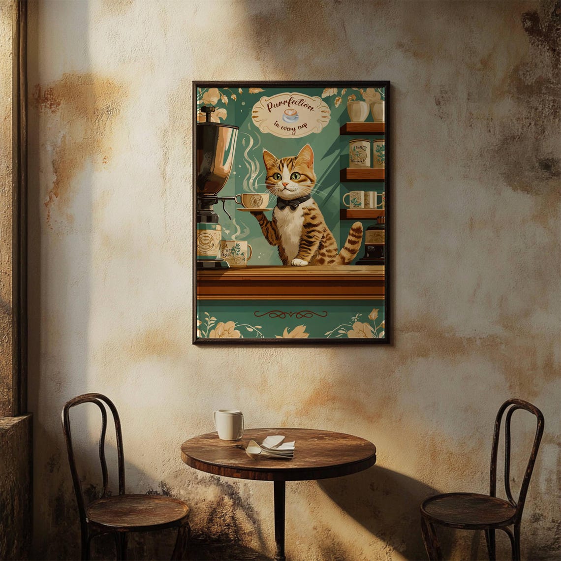 Dapper Tabby Cat Barista in a Bow Tie Serving a Steaming Latte Poster - Image 5