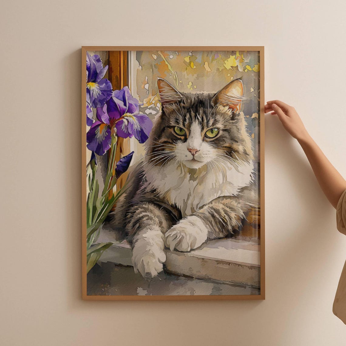 Fluffy Tabby Cat Beside Purple Irises by Window Watercolor Poster - Image 4