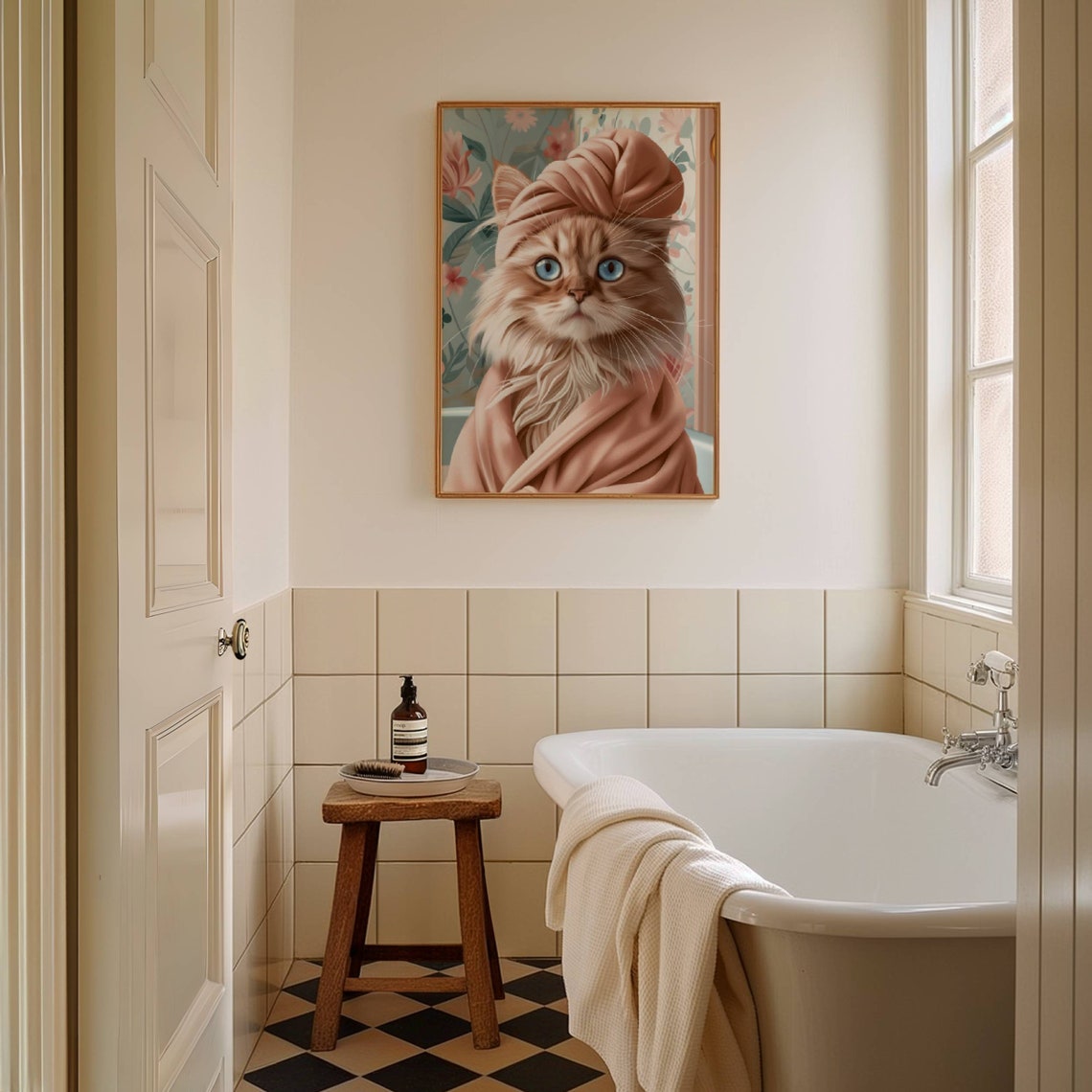 Fluffy Cream Cat Wearing a Spa Towel Wrap in a Cute Bathroom Poster - Image 5