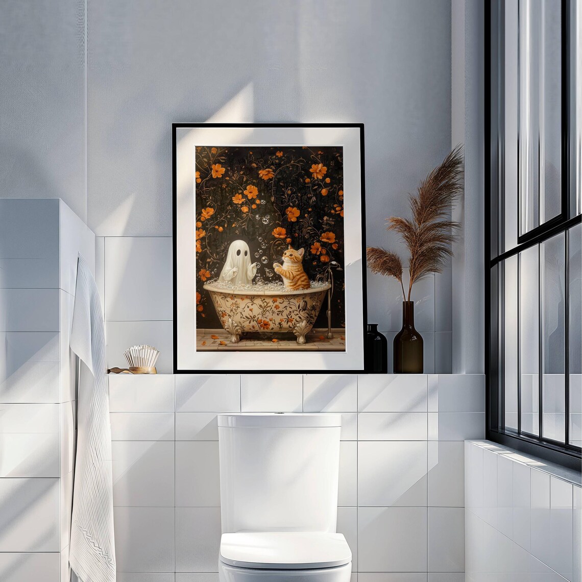 Cute Ghost and Orange Kitten Popping Bubbles Together in a Floral Bath Poster - Image 3