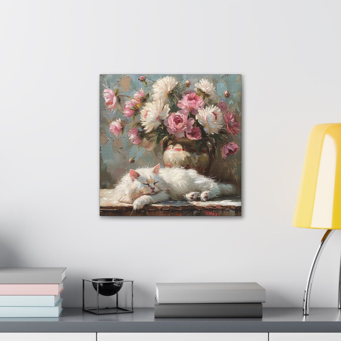 White Cat Sleeping in Front of a Vase of Pink Peonies Poster - Image 3
