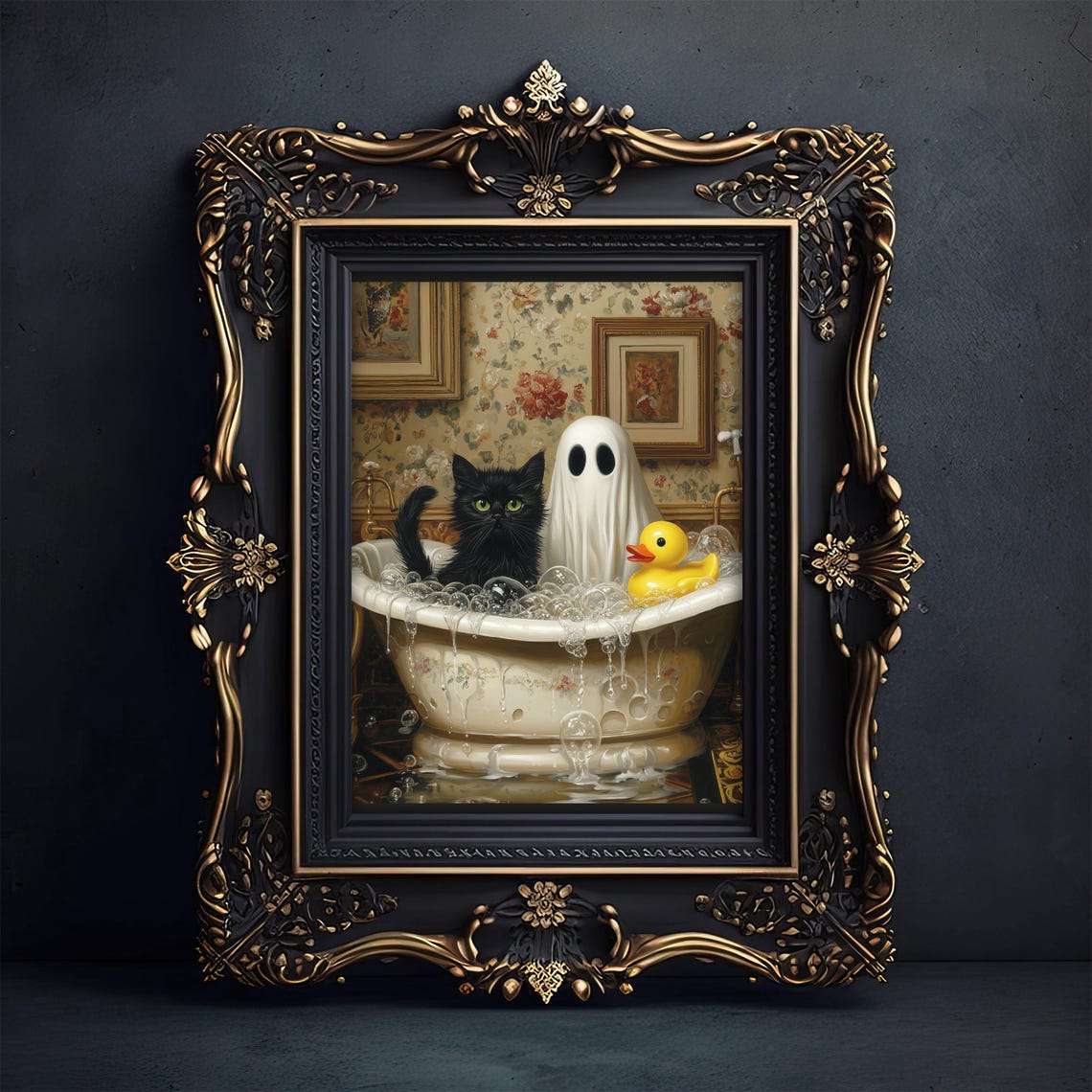 Ghost Black Cat and Rubber Duck in an Overflowing Bubble Bath Poster - Image 5
