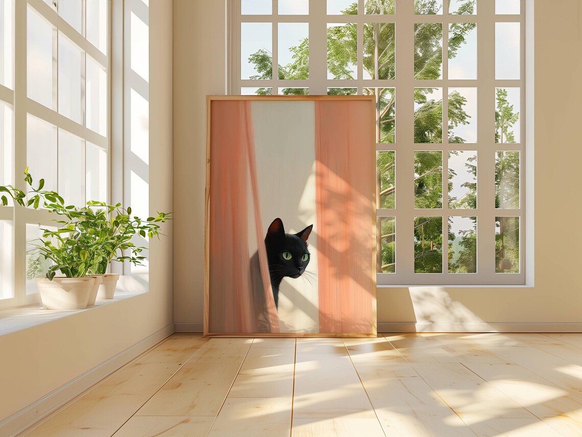 Black Cat Peeking Through Curtains, Minimalist Poster - Image 7