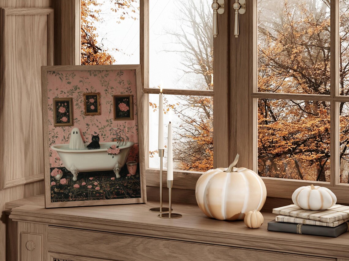 Ghost and Black Cat in a Clawfoot Tub With Pink Floral Wallpaper Poster - Image 6