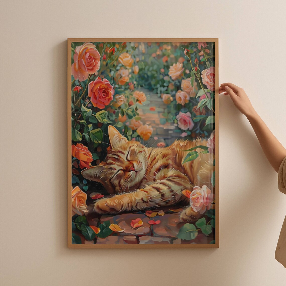 Ginger Cat in Rose Garden Poster, Floral Feline Art Print - Image 3