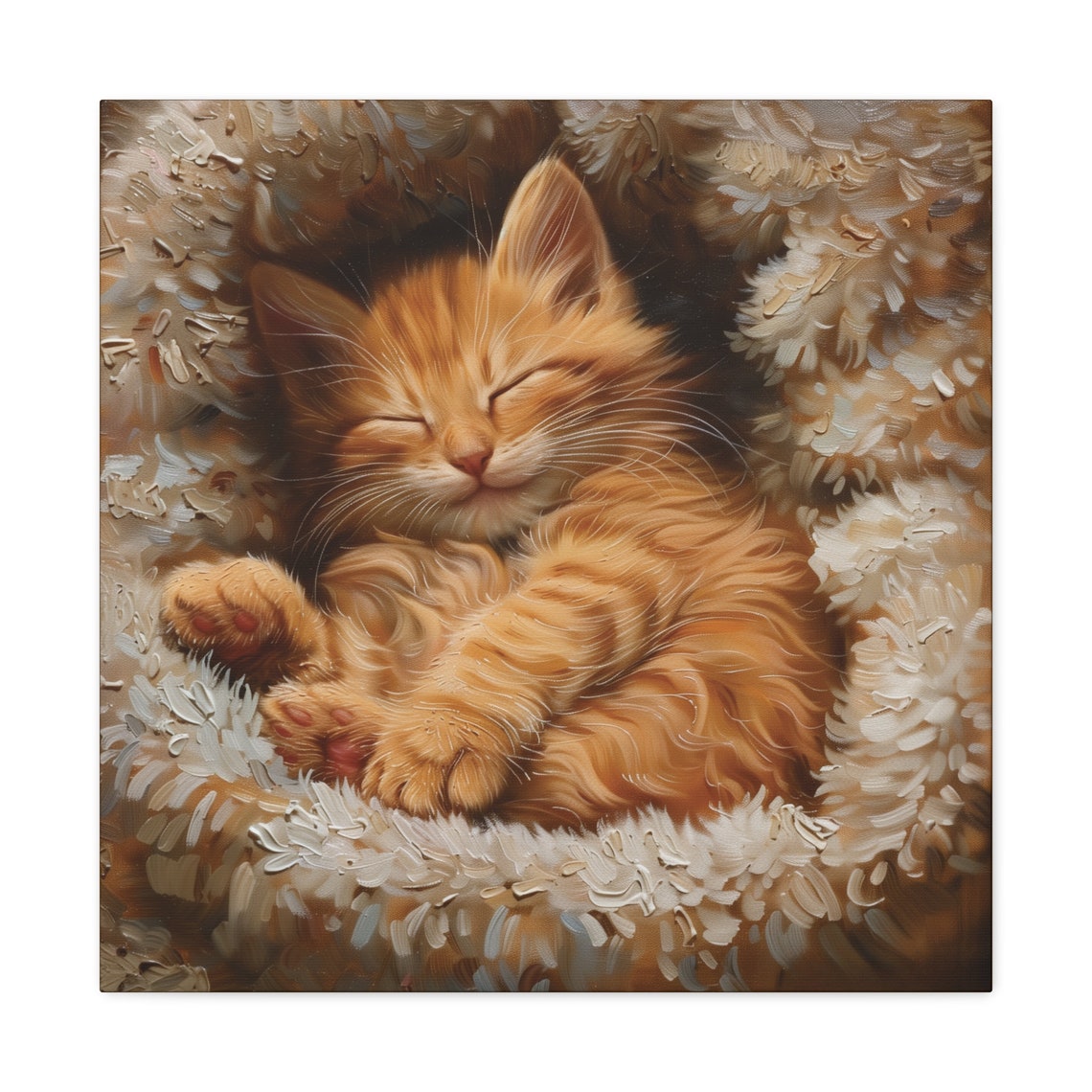 Sleeping Ginger Kitten Curled in Fluffy Blanket Oil Painting Poster - Image 2